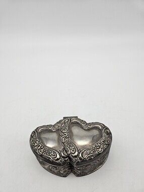 Vintage Embossed Silver Plate Heart Trinket Box Floral Design Jewelry Keepsake